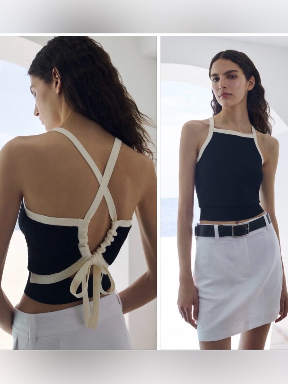 Club Monaco Black Crop Halter Top with Cream Trim